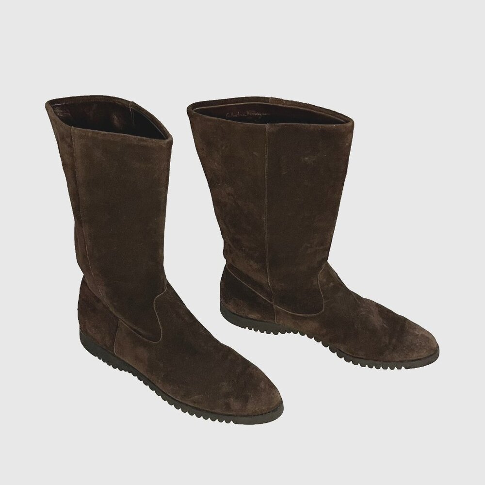 Salvatore Ferragamo 9.5 AA Brown Leather Suede Boots Saks 5th Ave Narrow Vibram